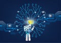 Human brain on digital abstract technology background There is an AI robot finger that will do power start. vector illustration