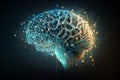 Human Brain in Digital Cyberspace. Futuristic Neural Network, AI, Security Technology Concept with Holographic Data