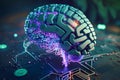 Human Brain in Digital Cyberspace. Futuristic Neural Network, AI, Security Technology Concept with Holographic Data