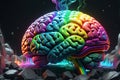 Human Brain Expanding Rapidly - Neon Smoky Rainbow Hues Emanating from the Fissures, Embodying Knowledge Expansion