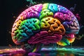 Human Brain Expanding Rapidly - Neon Smoky Rainbow Hues Emanating from the Fissures, Embodying Knowledge Expansion