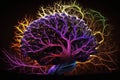 The human brain explodes with colored active neuron endings, future brain activity research, Generative AI