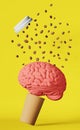 Human brain floating coffee bean explosion paper cup 3D rendering yellow Energy charge creative idea imagination concept