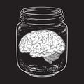 Human brain in glass jar isolated. Sticker, print or blackwork tattoo design hand drawn vector illustration Royalty Free Stock Photo