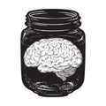 Human brain in glass jar isolated. Sticker, print or blackwork tattoo design hand drawn vector illustration Royalty Free Stock Photo