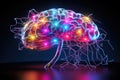 Human brain with glowing neon light on dark background. 3D rendering, future\'s human brain connecting the works with Royalty Free Stock Photo