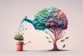 Human brain growing from a tree with flower, watering can is pouring water on the child mind, parenting concept, positive attitude Royalty Free Stock Photo