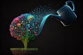 The human brain grows from a flowering plant and a watering can be pouring water on the mind,