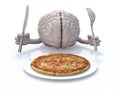 Human brain with hands, fork and knife in front of a pizza dish