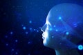 human brain head and data ai global network technology particle with digital hologram with light and hand of human with blue and r