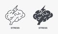 Human Brain with Lightning Headache, Anxiety and Tension Symbol Collection. Stress, Mental Problem Silhouette and Line