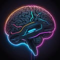 Human brain connected to digital interfaces, glowing neon data streams Royalty Free Stock Photo