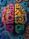 Generative Ai, The human brain is made of colorful cogs, the appearance of the face shape, made of wood and cogs, gears Royalty Free Stock Photo