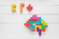 Human brain is made of multi-colored wooden blocks. Creative medical or business concept. Logical tasks. Conundrum find the missin