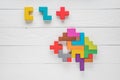 Human brain is made of multi-colored wooden blocks. Creative medical or business concept. Logical tasks.