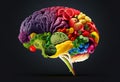 Human brain made of vegetables and fruits on black background. 3d illustration Royalty Free Stock Photo