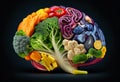Human brain made of vegetables and fruits on black background. 3d illustration Royalty Free Stock Photo