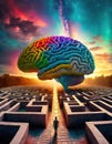 The human brain maze concept. Surreal scene of a person in front of a labyrinth and a colorful mind open a new way through in the