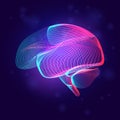 Human brain medical structure. Outline vector illustration of body part organ anatomy in 3d line art style on neon abstract