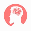 Human brain on men head red icon for apps and websites on white background. Vector clipart illustration