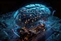 Human brain merged with electronic circuits, human-machine interfaces metaphor. Generative AI illustration