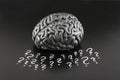 Human brain model with question marks drawn with chalk on scholl blackboard. Royalty Free Stock Photo