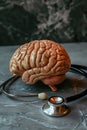 Human brain model with stethoscope on marble surface, showcasing anatomy and medical study tools. Royalty Free Stock Photo
