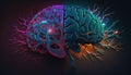 Human brain neon glowing headache concept, pain in human head with colorful stress illustration