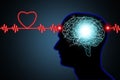 Human brain and nerve or blood vessel concept illustration in silhouette black head and neon red light effect heart shaped pulse