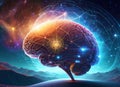 Human brain obtaining energy through space, communication via artificial intelligence Royalty Free Stock Photo