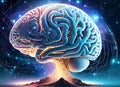 Human brain obtaining energy through space, communication via artificial intelligence Royalty Free Stock Photo