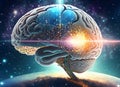 Human brain obtaining energy through space, communication via artificial intelligence Royalty Free Stock Photo