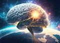 Human brain obtaining energy through space, communication via artificial intelligence Royalty Free Stock Photo