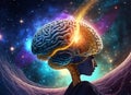 Human brain obtaining energy through space, communication via artificial intelligence Royalty Free Stock Photo