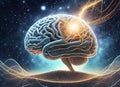 Human brain obtaining energy through space, communication via artificial intelligence Royalty Free Stock Photo