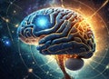 Human brain obtaining energy through space, communication via artificial intelligence Royalty Free Stock Photo