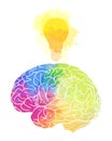 Human brain with rainbow watercolor splashes and a light bulb Royalty Free Stock Photo