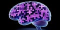 Human Brain Render Composed of Interlocking Purple Jigsaw Puzzle Pieces on a Black Background Royalty Free Stock Photo