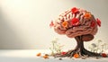 Human brain with roots and blooming flowers represents cognitive growth and ideas. Mind tree nurtures creativity and knowledge. Royalty Free Stock Photo