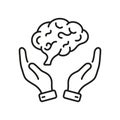 Human Brain in Side View with Hands Line Icon. Neurology, Psychology Pictogram. Education, Logic, Knowledge, Memory