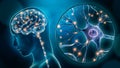 Human brain stimulation or activity with neuron close-up 3D rendering illustration. Neurology, cognition, neuronal network,