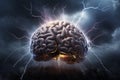 Human Brain Struck by Lightning, Symbolizing the Intense Struggle of Stress and Burnout. Ai generated