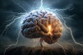 Human Brain Struck by Lightning, Symbolizing the Intense Struggle of Stress and Burnout. Ai generated
