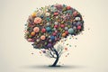 Human brain tree with flowers, self care and mental health, Generative AI