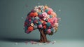 Human brain tree with flowers, self care and mental health concept, positive thinking, creative mind. Generative AI Royalty Free Stock Photo