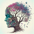 Human brain tree with flowers, self care and mental health concept, positive thinking, creative mind, generative AI Royalty Free Stock Photo