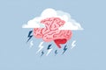 Human brain under a cloud with lightning striking down representing brainstorming and stress Royalty Free Stock Photo