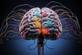 Human brain with wires and cables connected. Generative AI