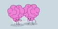 Human brains couple sitting at workplace using laptop brainstorming successfull teamwork concept pink cartoon characters Royalty Free Stock Photo