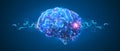 Human Brine. Organ anatomy, neurology, healthy body concept. Polygonal image on blue neon background. Low poly, wireframe, digital